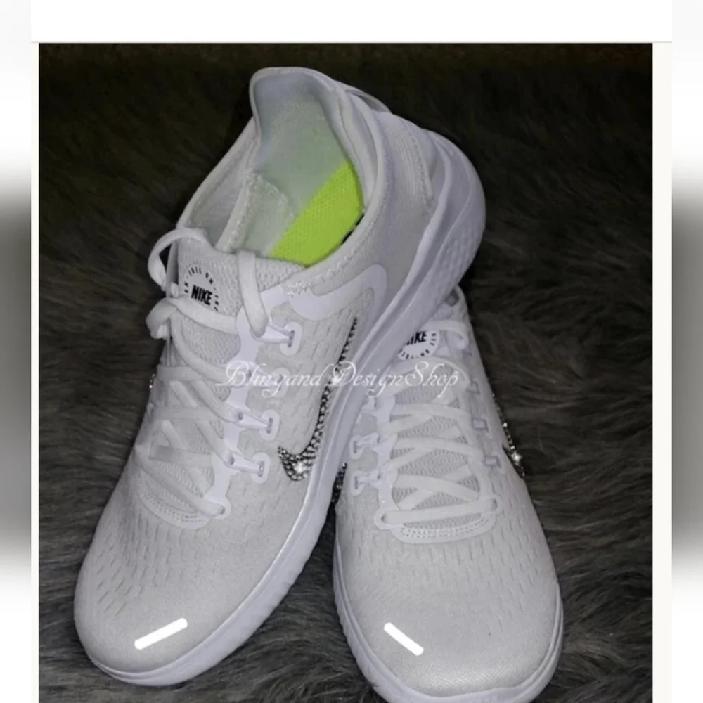 Bling Nike Free RN 2018 White Sneakers Customized with Crystal Rhinestones
